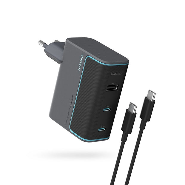 Cuktech GaN 100W Wall Charger | 2x USB-C, 1x USB-A, USB-C Cable, Gray