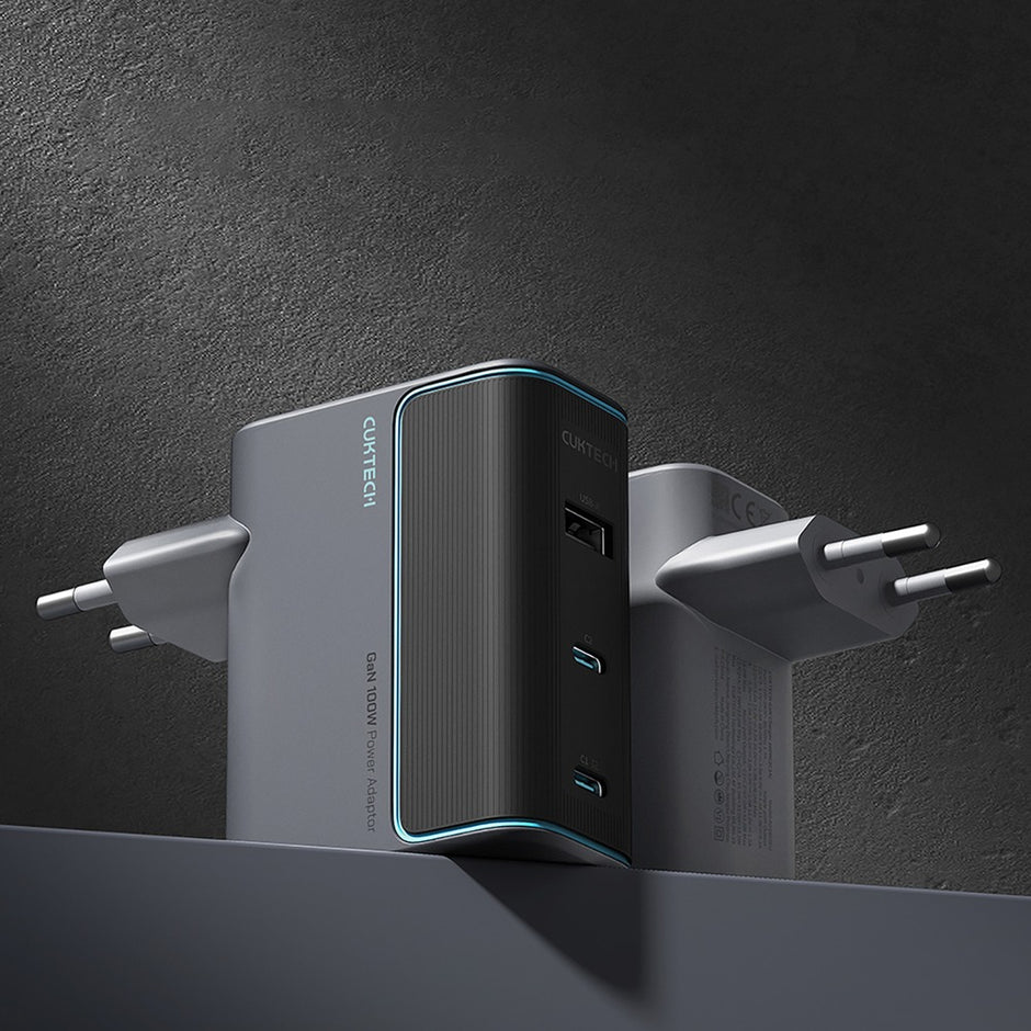 Cuktech GaN 100W Wall Charger | 2x USB-C, 1x USB-A, USB-C Cable, Gray
